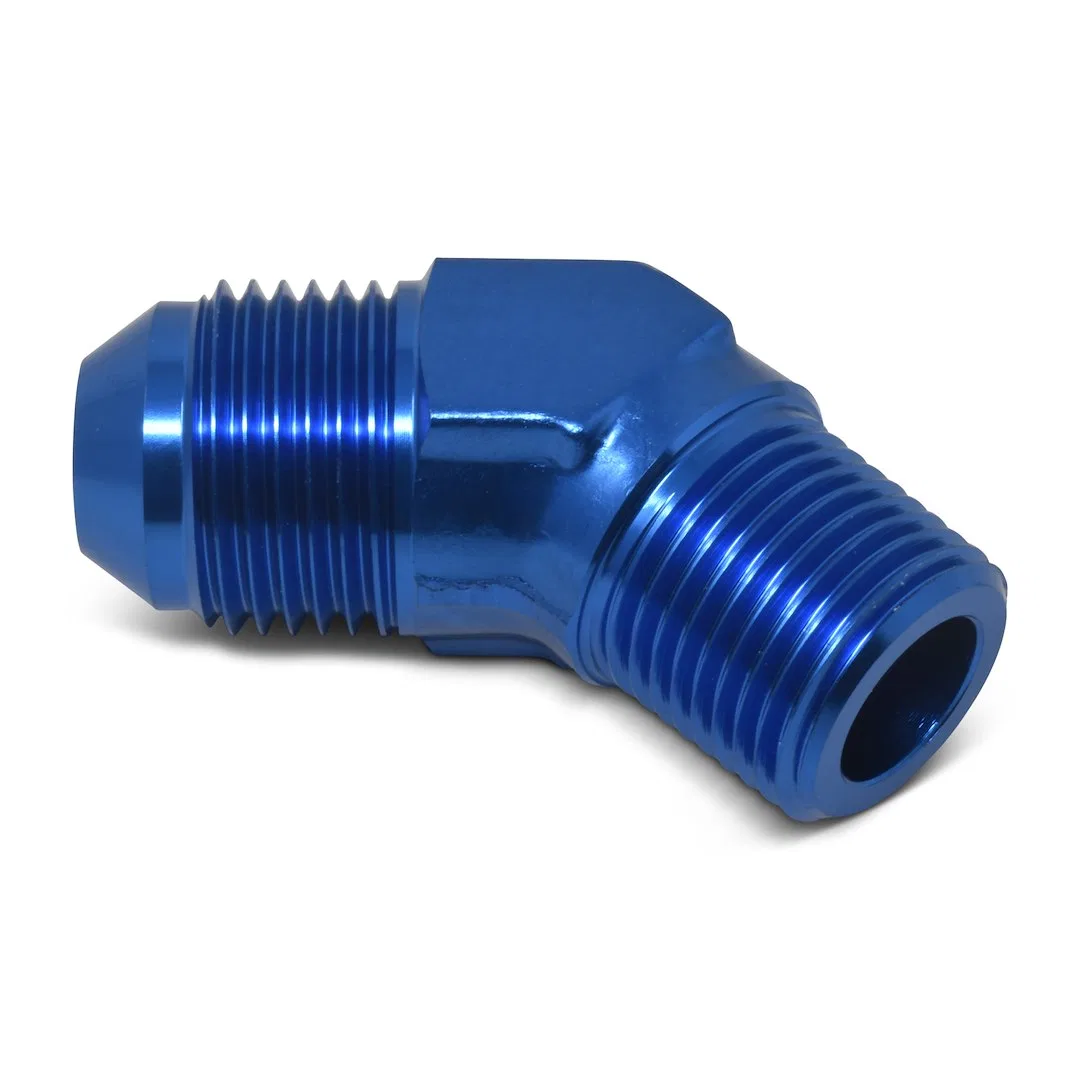 660960 – RUSSELL/EDEL Adapter Fitting, 45 Degree -8 AN To 3/8 Inch NPT Anodized Blue Aluminum Single